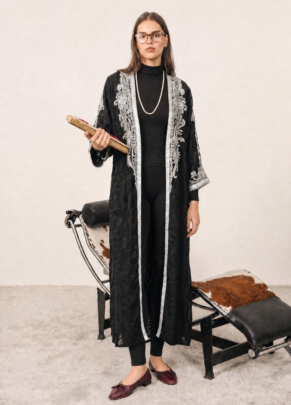 Duster Indian Salwar Kameez Open Jacket Jeweled Bollywood Black Sheer Silver 2X